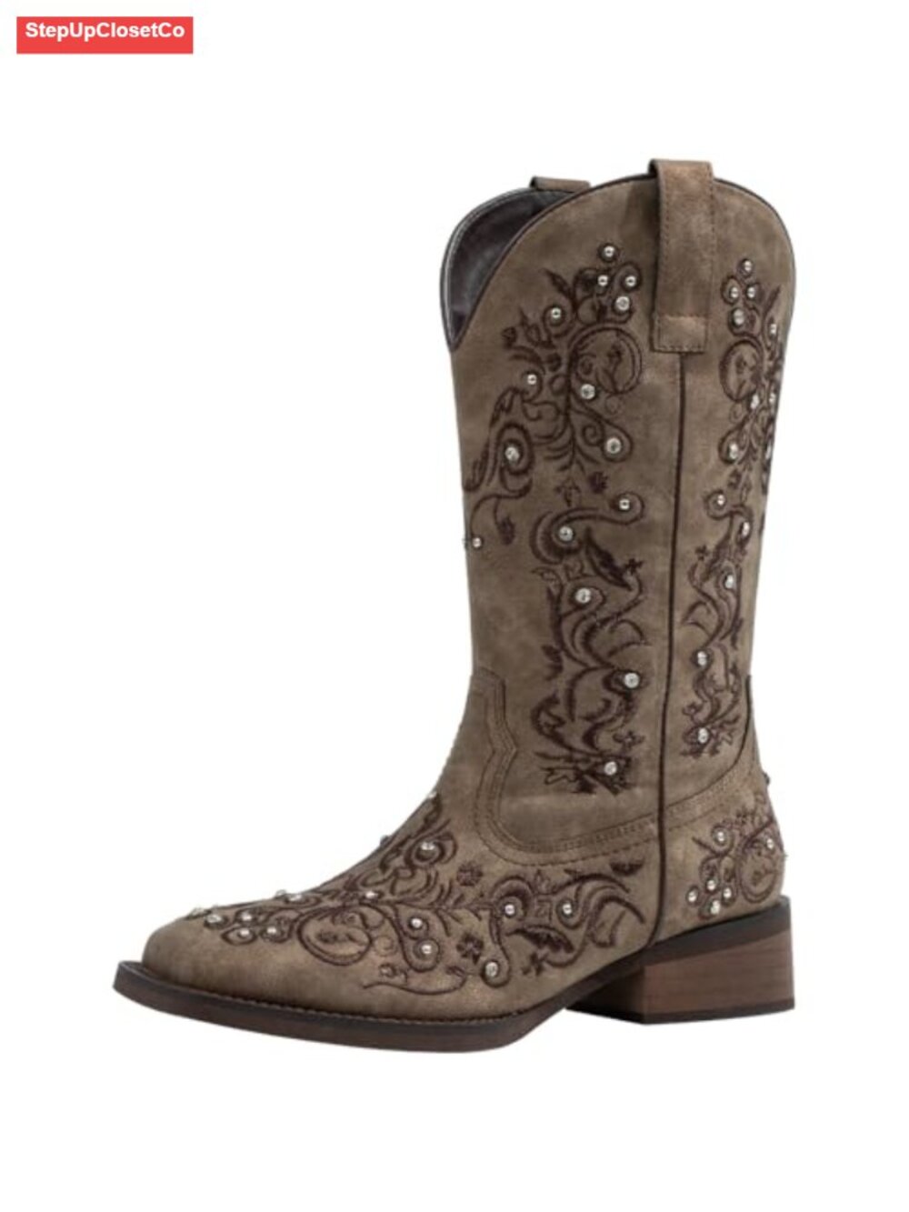 Women's Rhinestone Square Toe Cowgirl Boots Mid Calf